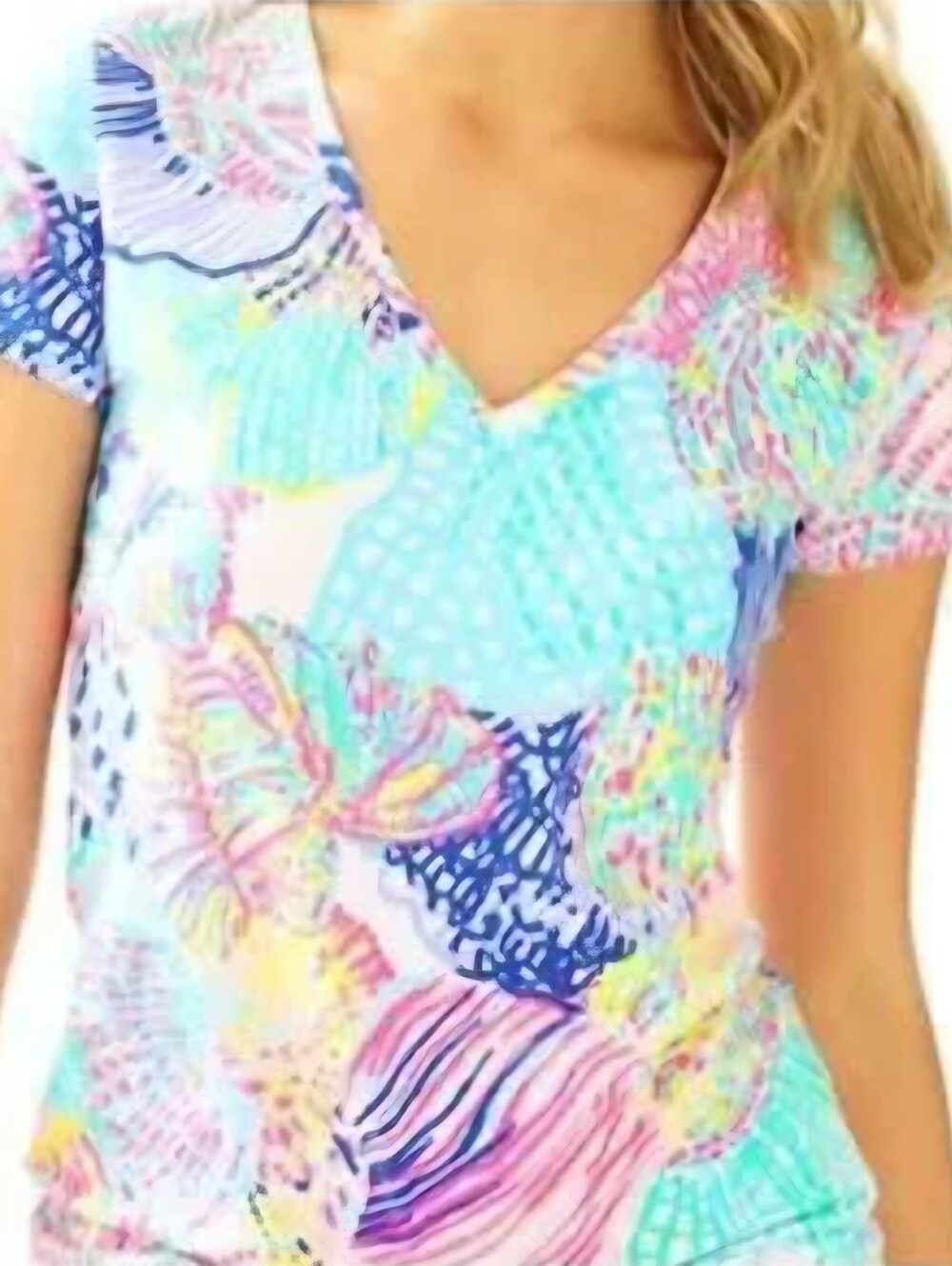 Lilly Pulitzer Michelle V-Neck Teestyled  vibrant, colorful "Roar of the SEAS